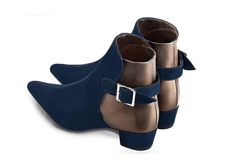 Navy blue and bronze gold women's ankle boots with buckles at the back. Tapered toe. Low cone heels. Rear view - Florence KOOIJMAN